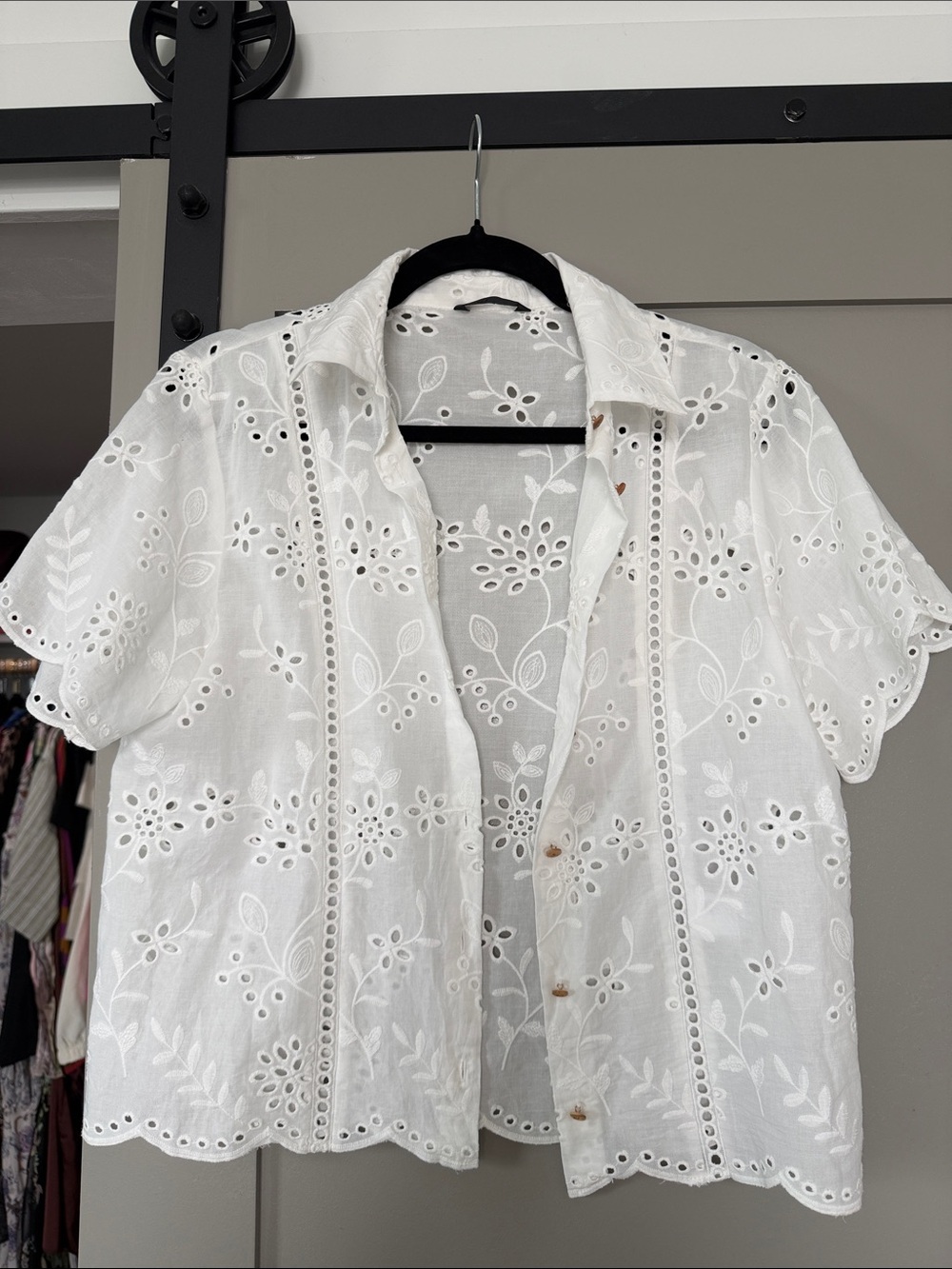 Zara White Eyelet Short Sleeve Button-Down Shirt